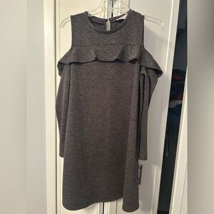 Loft- Medium petite, gray, cold shoulder, long sleeve midi dress.